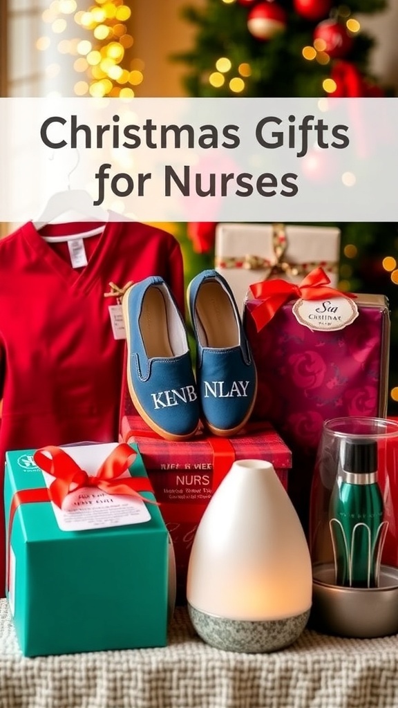 Thoughtful Christmas Gift Ideas for Nurses A collection of Christmas gifts for nurses, featuring scrubs, shoes, spa items, and an aromatherapy diffuser, set against a festive backdrop.
